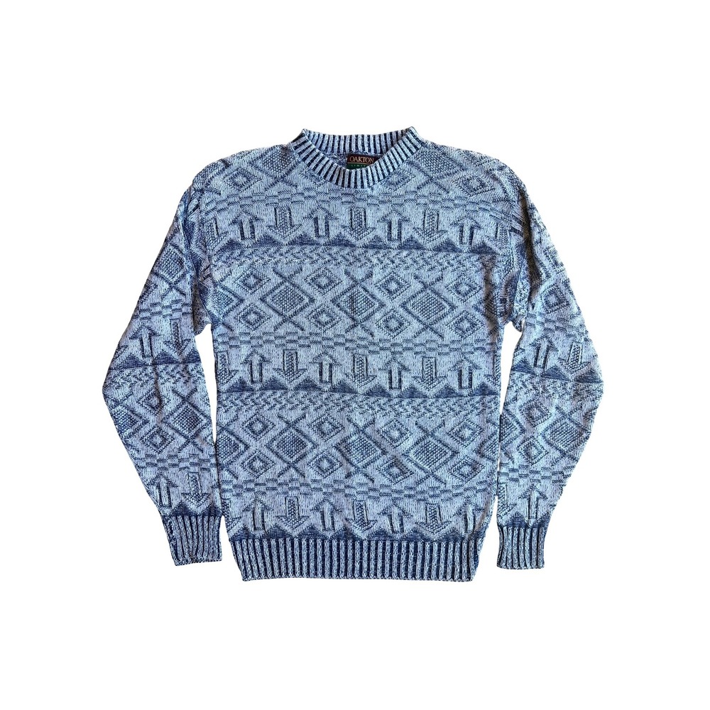 Vintage Oakton Limited Mens Blue White Cotton Geometric Knit Sweater Large USA